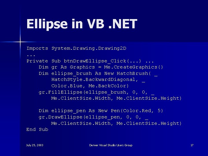 Ellipse in VB. NET Imports. . . Private Dim System. Drawing 2 D Sub