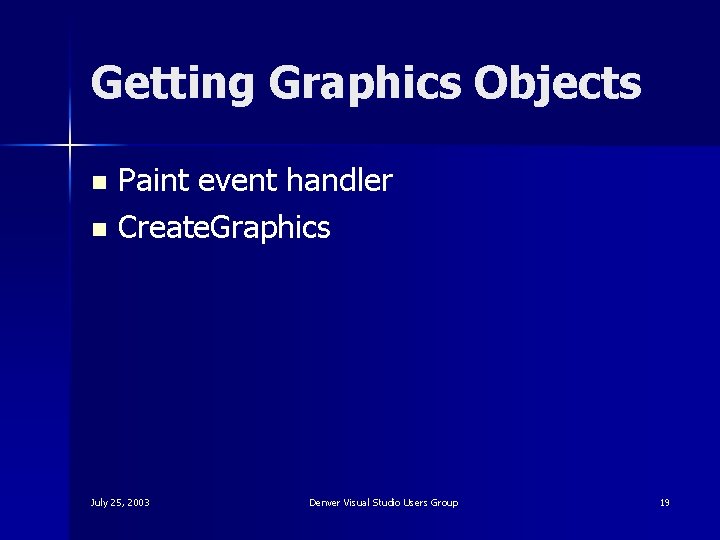 Getting Graphics Objects Paint event handler n Create. Graphics n July 25, 2003 Denver