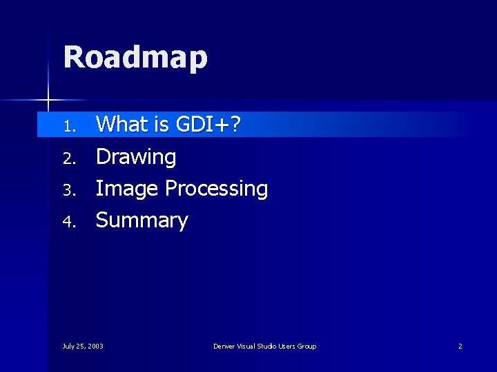 Roadmap 1. 2. 3. 4. What is GDI+? Drawing Image Processing Summary July 25,