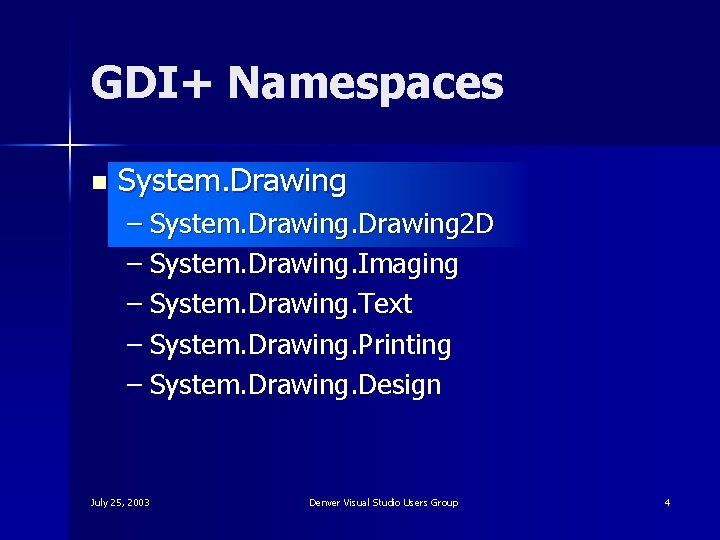 GDI+ Namespaces n System. Drawing – System. Drawing 2 D – System. Drawing. Imaging