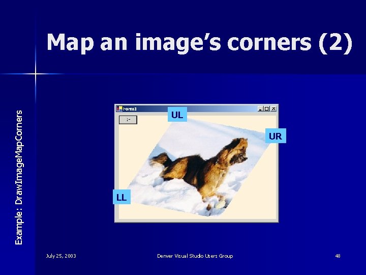 Map an image’s corners (2) Example: Draw. Image. Map. Corners UL UR LL July