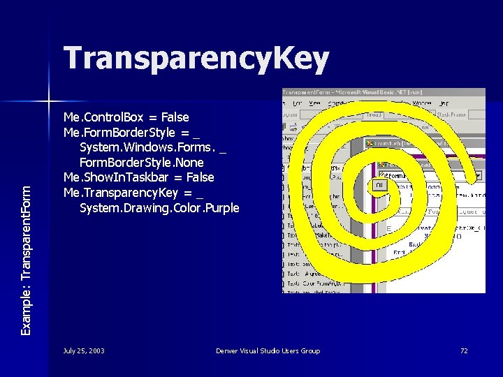 Example: Transparent. Form Transparency. Key Me. Control. Box = False Me. Form. Border. Style