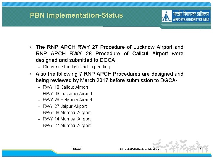 PBN Implementation-Status • The RNP APCH RWY 27 Procedure of Lucknow Airport and RNP