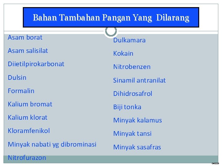 Bahan Tambahan Pangan Yang Dilarang Asam borat Dulkamara Asam salisilat Kokain Diietilpirokarbonat Nitrobenzen Dulsin