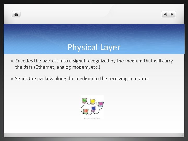 Physical Layer l Encodes the packets into a signal recognized by the medium that