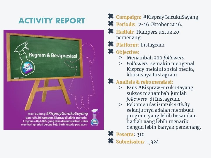 ACTIVITY REPORT ✖ Campaign: #Kispray. Guruku. Sayang. ✖ Periode: 2 -16 Oktober 2016. ✖