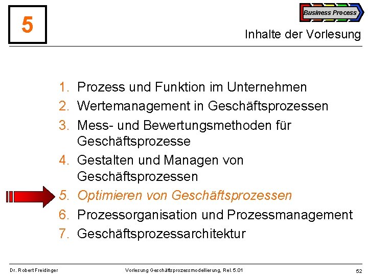 Business Process 5 Inhalte der Vorlesung 1. Prozess und Funktion im Unternehmen 2. Wertemanagement