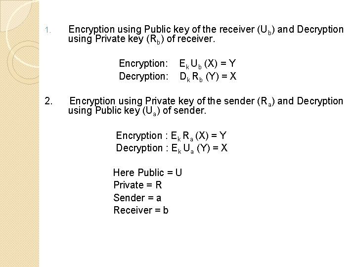1. Encryption using Public key of the receiver (Ub) and Decryption using Private key