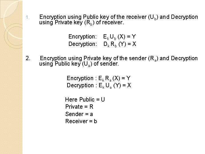1. Encryption using Public key of the receiver (Ub) and Decryption using Private key 1. Encryption using Public key of the receiver (Ub) and Decryption using Private key