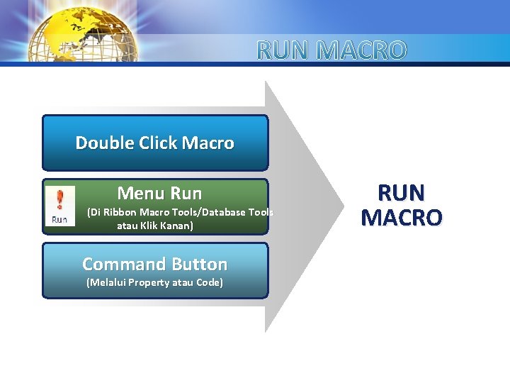 RUN MACRO Double Click Macro Menu Run (Di Ribbon Macro Tools/Database Tools atau Klik