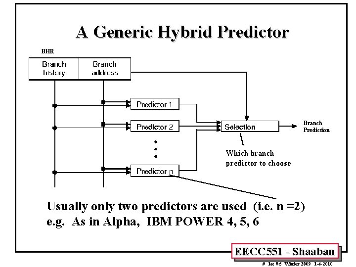 A Generic Hybrid Predictor BHR Branch Prediction Which branch predictor to choose Usually only