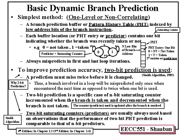 Basic Dynamic Branch Prediction • Simplest method: (One-Level or Non-Correlating) – A branch prediction