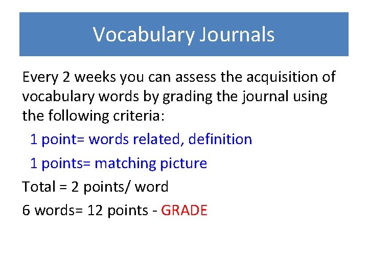 Vocabulary Journals Every 2 weeks you can assess the acquisition of vocabulary words by