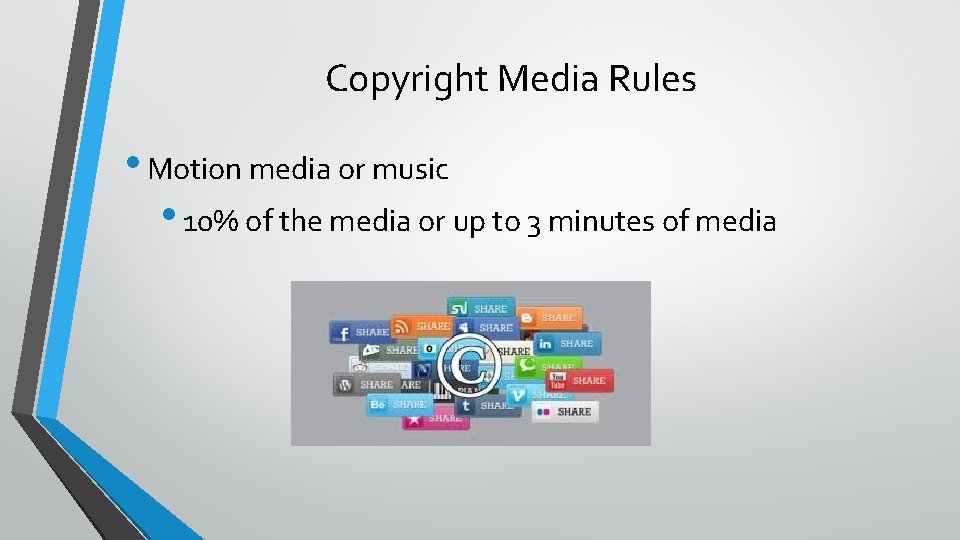 Copyright Media Rules • Motion media or music • 10% of the media or