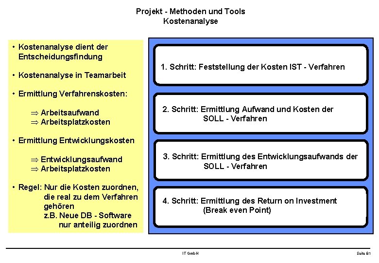 Projekt - Methoden und Tools Kostenanalyse • Kostenanalyse dient der Entscheidungsfindung • Kostenanalyse in