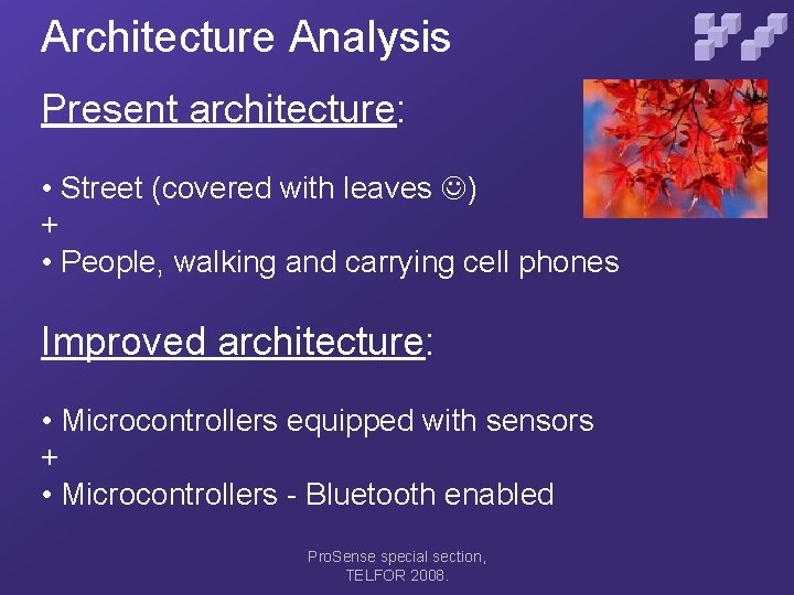 Architecture Analysis Present architecture: • Street (covered with leaves ) + • People, walking