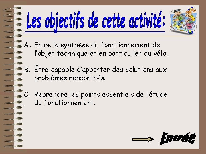 A. Faire la synthèse du fonctionnement de l’objet technique et en particulier du vélo.