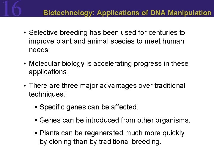 16 Biotechnology: Applications of DNA Manipulation • Selective breeding has been used for centuries