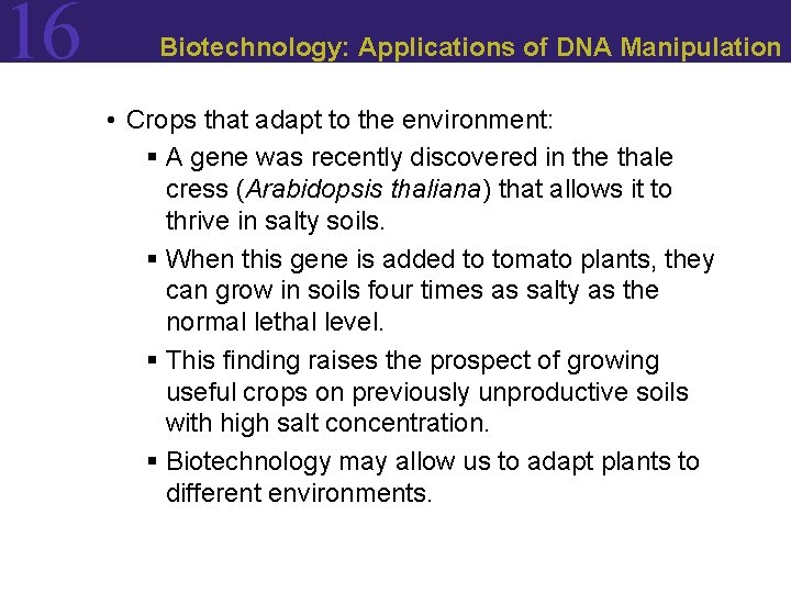 16 Biotechnology: Applications of DNA Manipulation • Crops that adapt to the environment: §