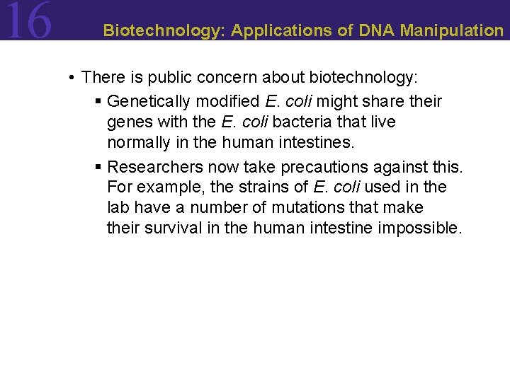 16 Biotechnology: Applications of DNA Manipulation • There is public concern about biotechnology: §