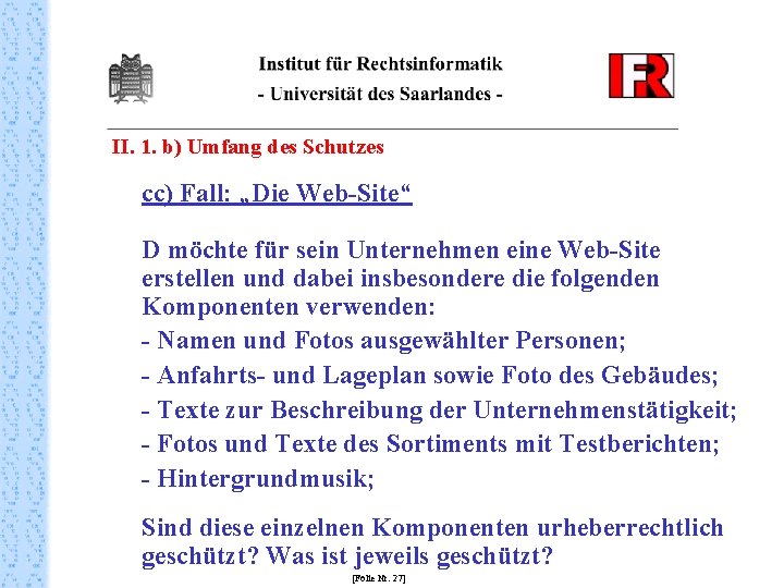 II. 1. b) Umfang des Schutzes cc) Fall: „Die Web-Site“ D möchte für sein