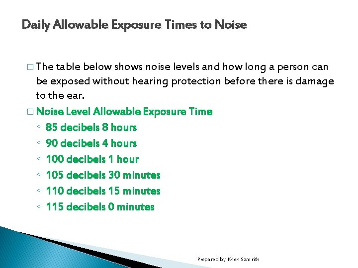 Daily Allowable Exposure Times to Noise � The table below shows noise levels and