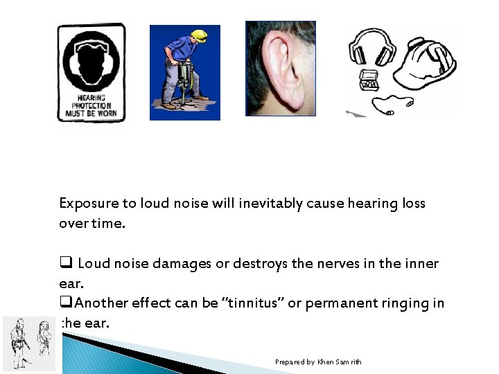 Exposure to loud noise will inevitably cause hearing loss over time. q Loud noise