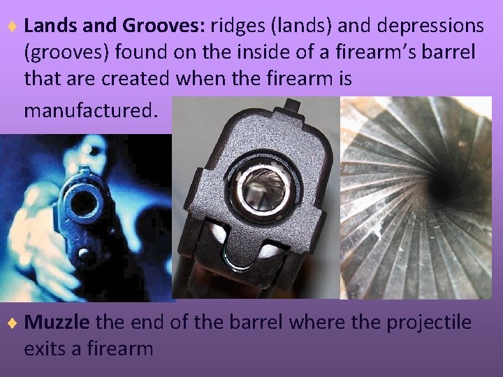 ¨ Lands and Grooves: ridges (lands) and depressions (grooves) found on the inside of