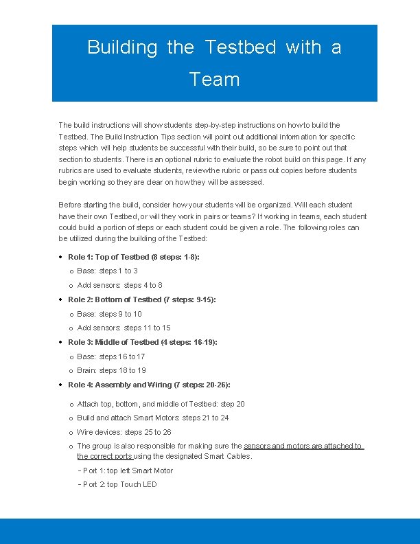 Building the Testbed with a Team The build instructions will show students step-by-step instructions