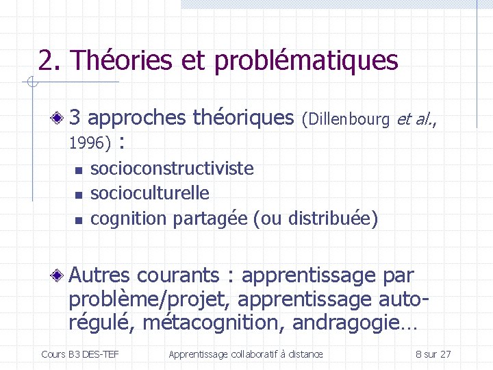 2. Théories et problématiques 3 approches théoriques 1996) : n n n (Dillenbourg et