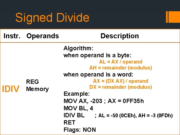 Signed Divide Instr. Operands Description Algorithm: when operand is a byte: AL = AX