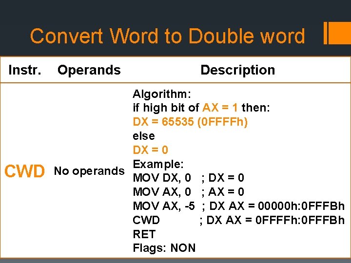 Convert Word to Double word Instr. CWD Operands Description Algorithm: if high bit of