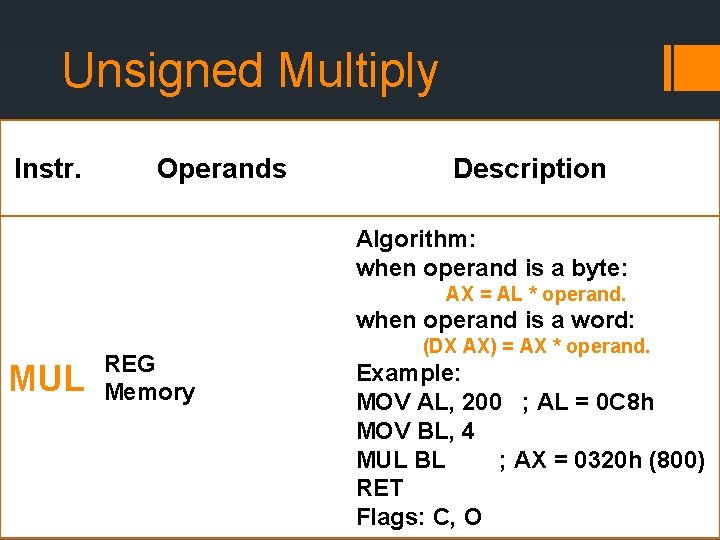 Unsigned Multiply Instr. Operands Description Algorithm: when operand is a byte: AX = AL