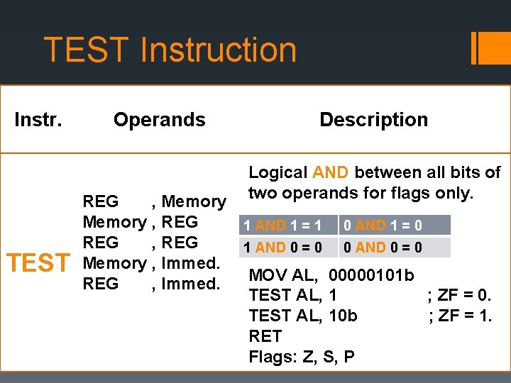 TEST Instruction Instr. Operands Description Logical AND between all bits of two operands for