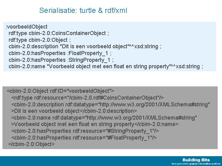 Serialisatie: turtle & rdf/xml : voorbeeld. Object rdf: type cbim-2. 0: Coins. Container. Object