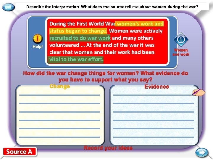 Describe the interpretation. What does the source tell me about women during the war?