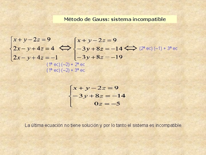 Método de Gauss: sistema incompatible (2ª ec) (– 1) + 3ª ec (1ª ec)