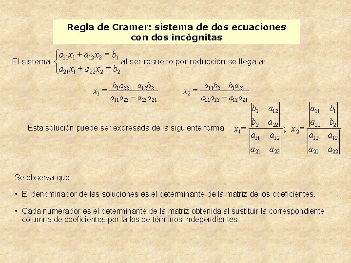 Regla de Cramer: sistema de dos ecuaciones con dos incógnitas ìa 11 x 1