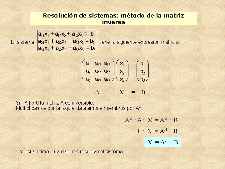 Resolución de sistemas: método de la matriz inversa a 11 x 1 + a