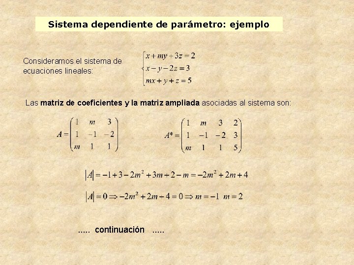 Sistema dependiente de parámetro: ejemplo Consideramos el sistema de ecuaciones lineales: Las matriz de