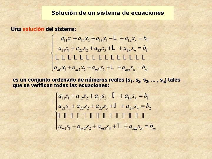 Solución de un sistema de ecuaciones Una solución del sistema: es un conjunto ordenado