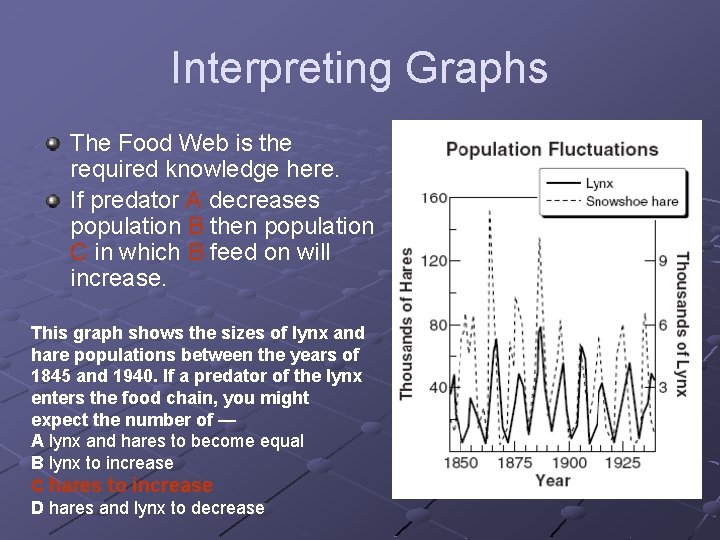 Interpreting Graphs The Food Web is the required knowledge here. If predator A decreases