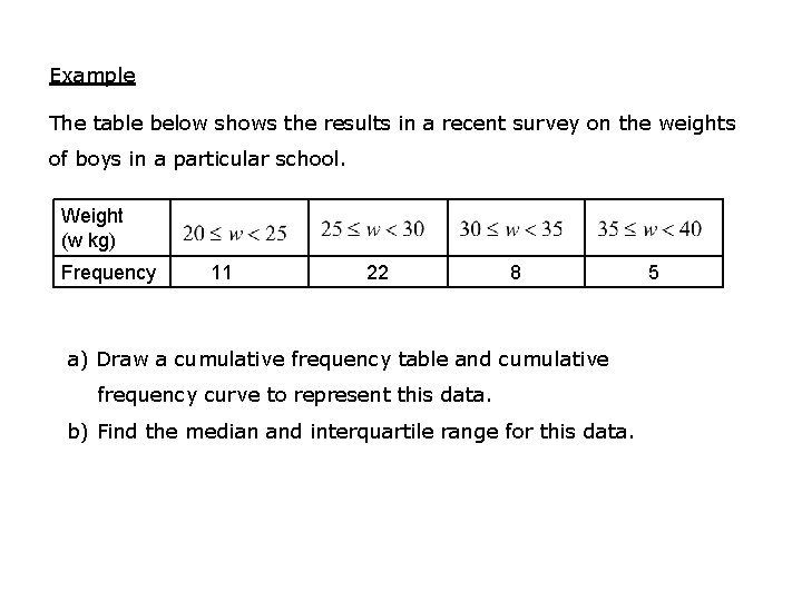 Example The table below shows the results in a recent survey on the weights