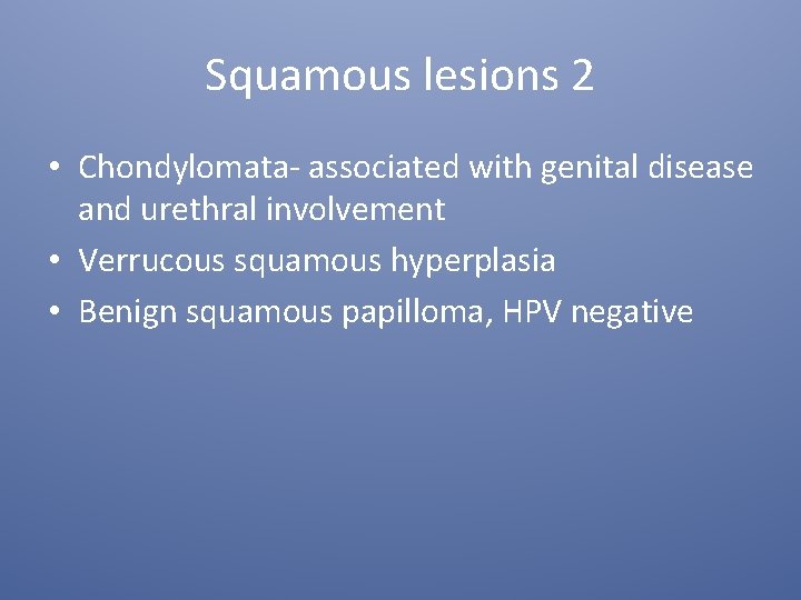Squamous lesions 2 • Chondylomata- associated with genital disease and urethral involvement • Verrucous