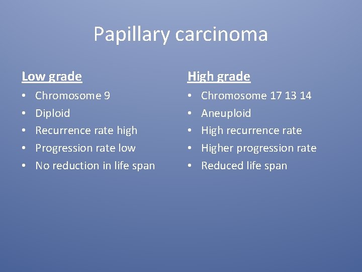 Papillary carcinoma Low grade • • • Chromosome 9 Diploid Recurrence rate high Progression