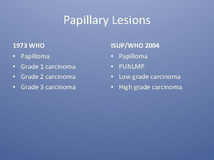 Papillary Lesions 1973 WHO • • Papilloma Grade 1 carcinoma Grade 2 carcinoma Grade