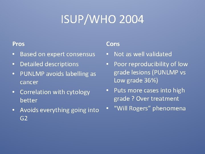 ISUP/WHO 2004 Pros Cons • Based on expert consensus • Detailed descriptions • PUNLMP