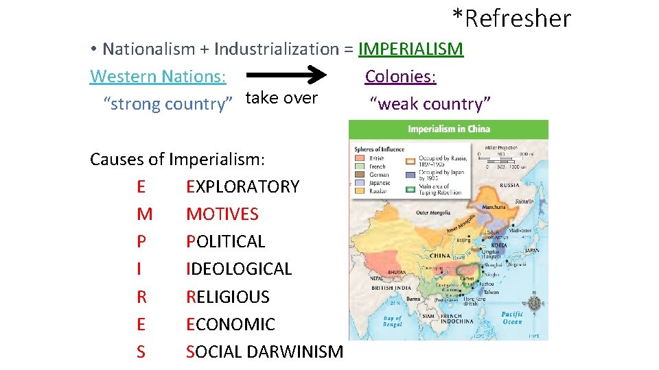*Refresher • Nationalism + Industrialization = IMPERIALISM Western Nations: Colonies: “strong country” take over