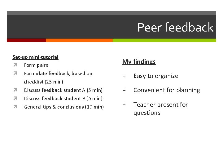 Peer feedback Set-up mini-tutorial Form pairs Formulate feedback, based on checklist (25 min) Discuss