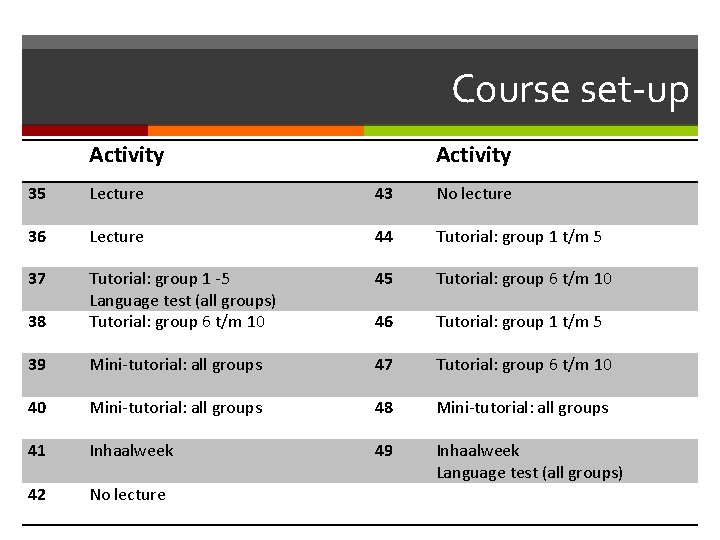 Course set-up Activity 35 Lecture 43 No lecture 36 Lecture 44 Tutorial: group 1